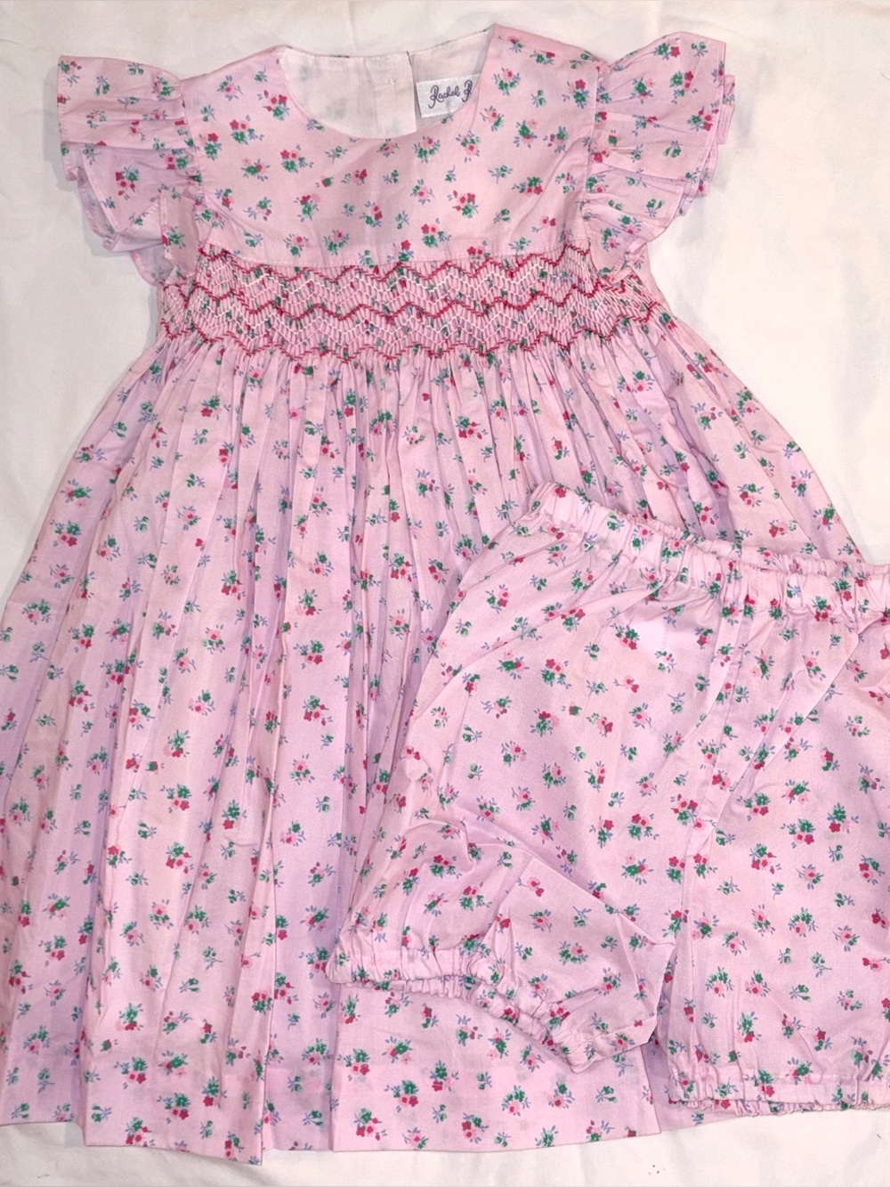 Rachel Riley London Flutter Sleeve floral Smocked Dress w/bloomers sz 24 mo NWT
